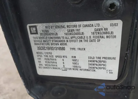 2003 Chevrolet Silverado Ls from USA, damaged, VIN 2GCEC19V831316580